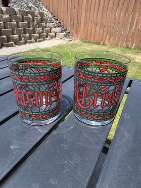 Vintage Houze Season's Greetings Rocks Glasses Set 2 Stained Glass Christmas